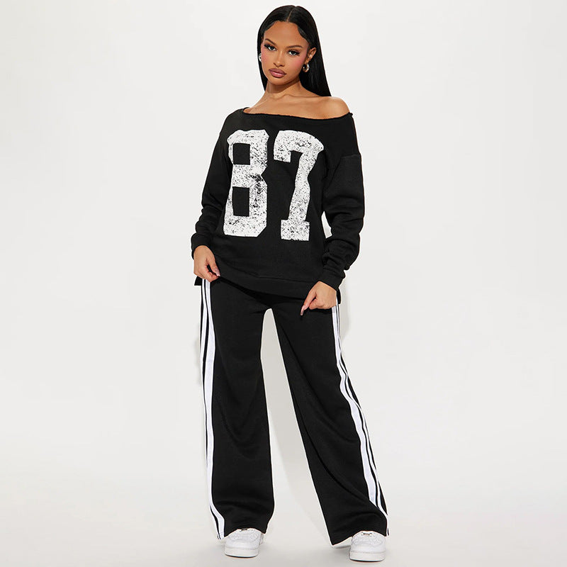 Women Fall/Winter Digital Print Off Shoulder Top and Pants Two Piece Set 3