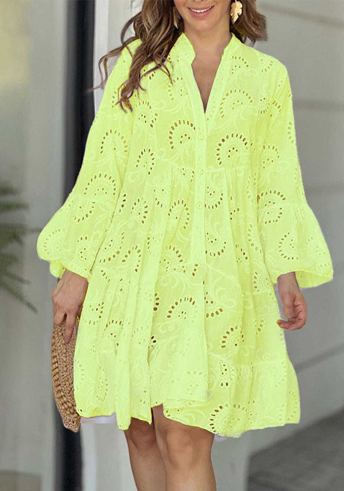 Women Solid V-neck Embroidered Hollow Lace Dress