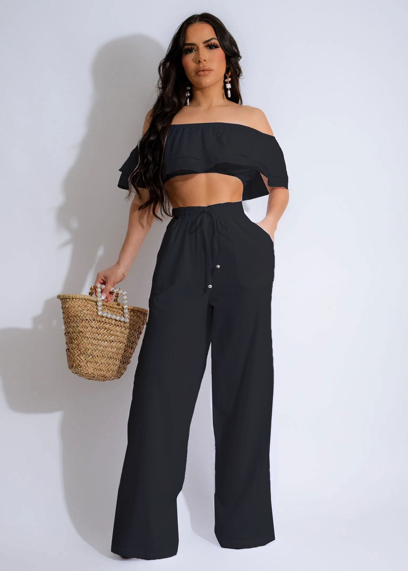 Women Casual Ruffled Top and Pants Two-piece Set