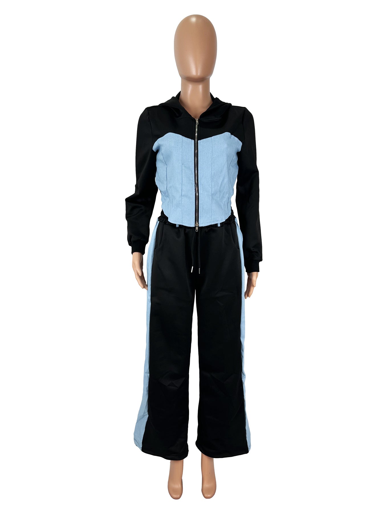 Women's Casual Fashion Hoodies Denim Patchwork Hooded Top and Pants Two-Piece Set 5