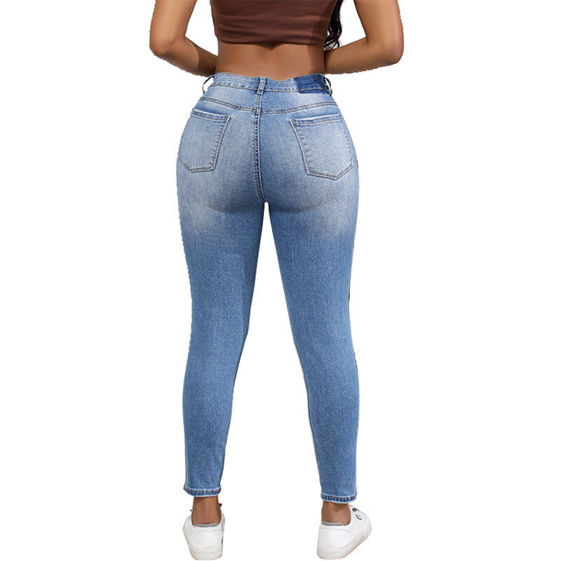 Plus Size  Women's Autumn Elastic High Waist Vintage Washed Ripped Tight Fitting Denim Pants