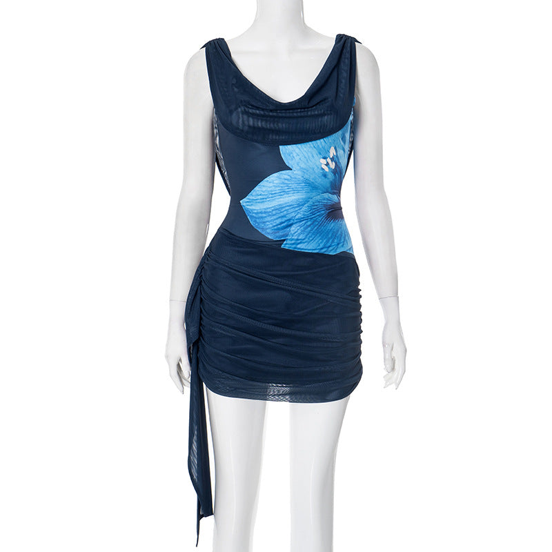 Women Sexy Backless Swing Neck Printed Side Ribbon Bodycon Dress 16