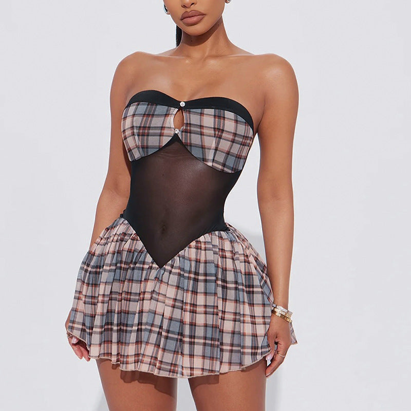 Women's Strapless Low Back Pleated Plaid Patchwork Mesh Dress 3