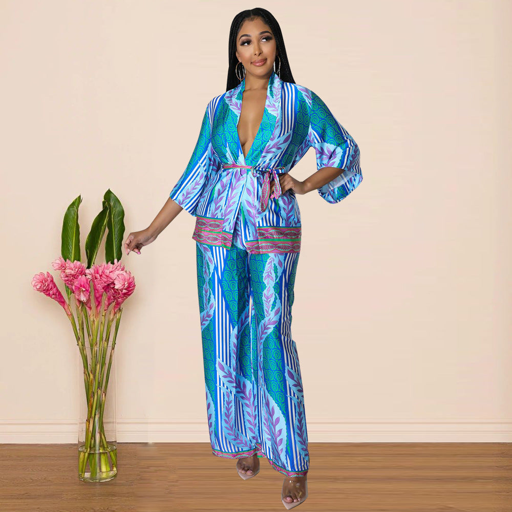Women Long Sleeve Printed Top + Wide Leg Pants Two Piece Set 4