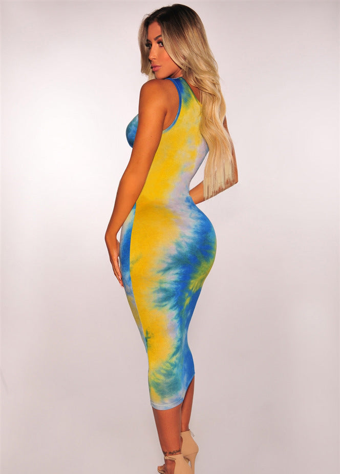 Women's Spring & Summer Color-Block Printed Cutout Sexy Bodycon Sleeveless Dress 3