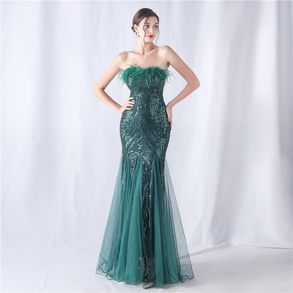 feather sequins mesh patchwork Strapless wedding party dress 9