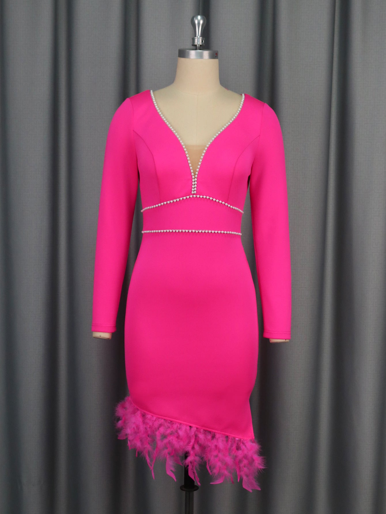 Feather Patchwork Deep V Diamond Long Sleeve Evening Dress