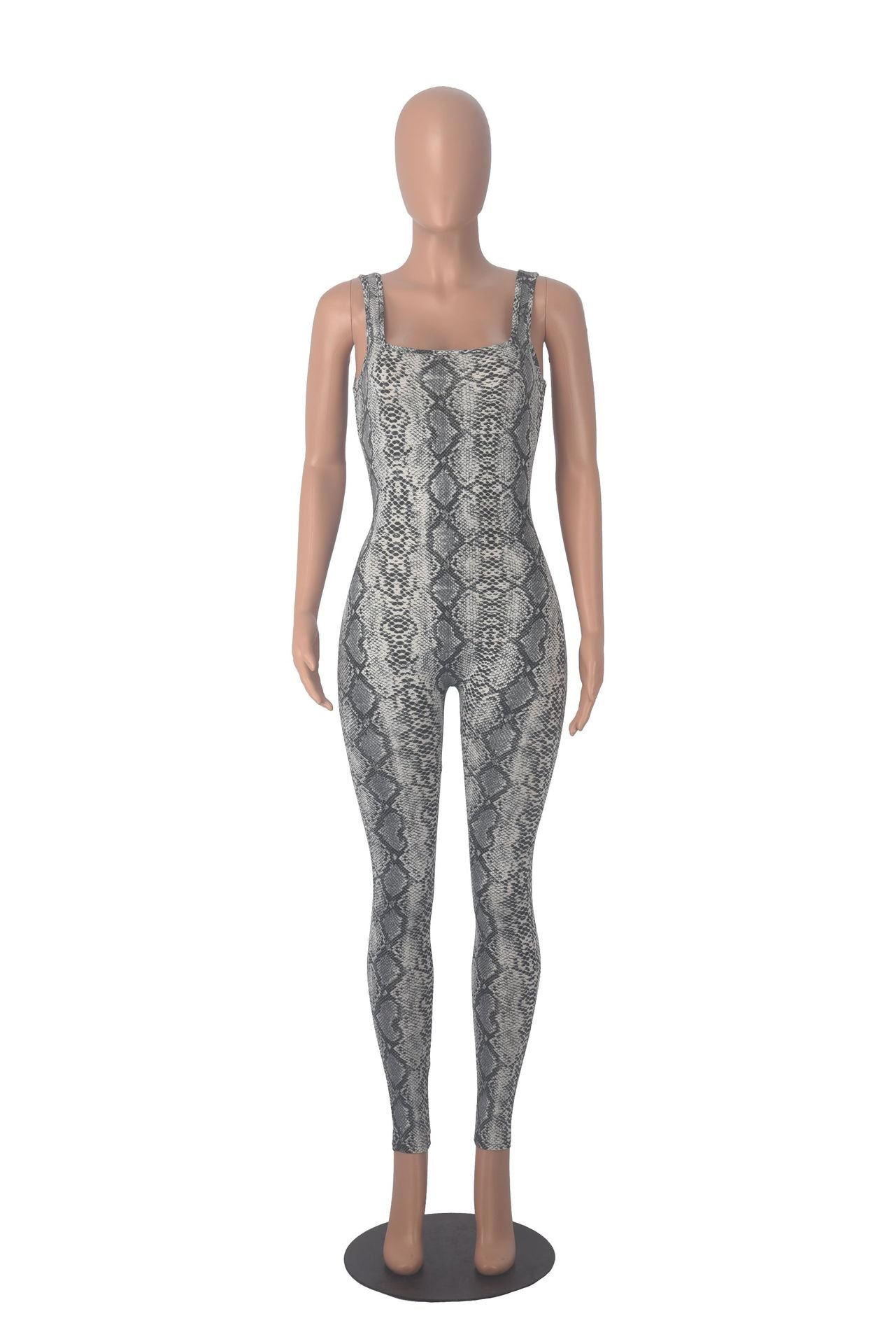 Women's Printed Sleeveless Ribbed Square Neck Low Back Slim Fit Jumpsuit 29