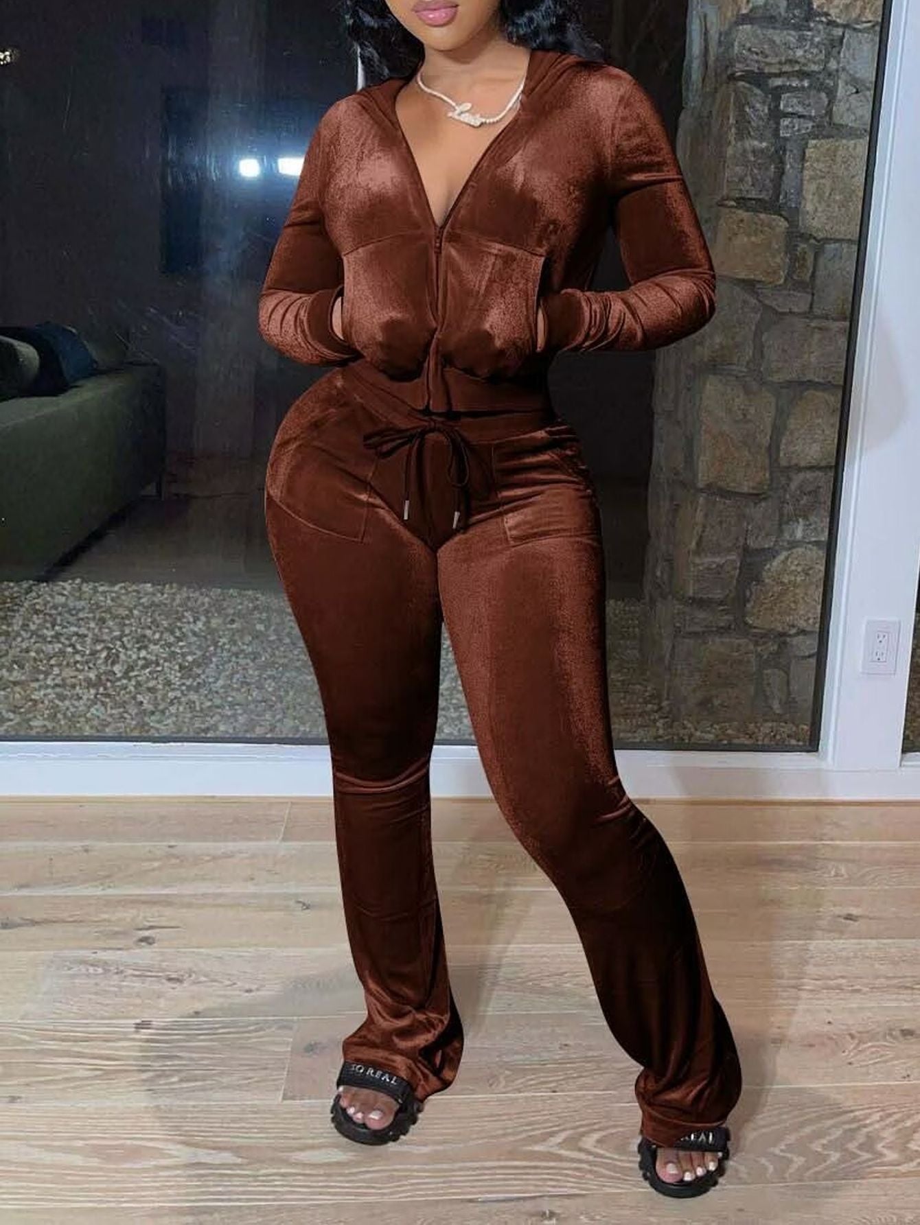 Winter Women velvet zipper hooded Top and Pant Casual two-piece set 4