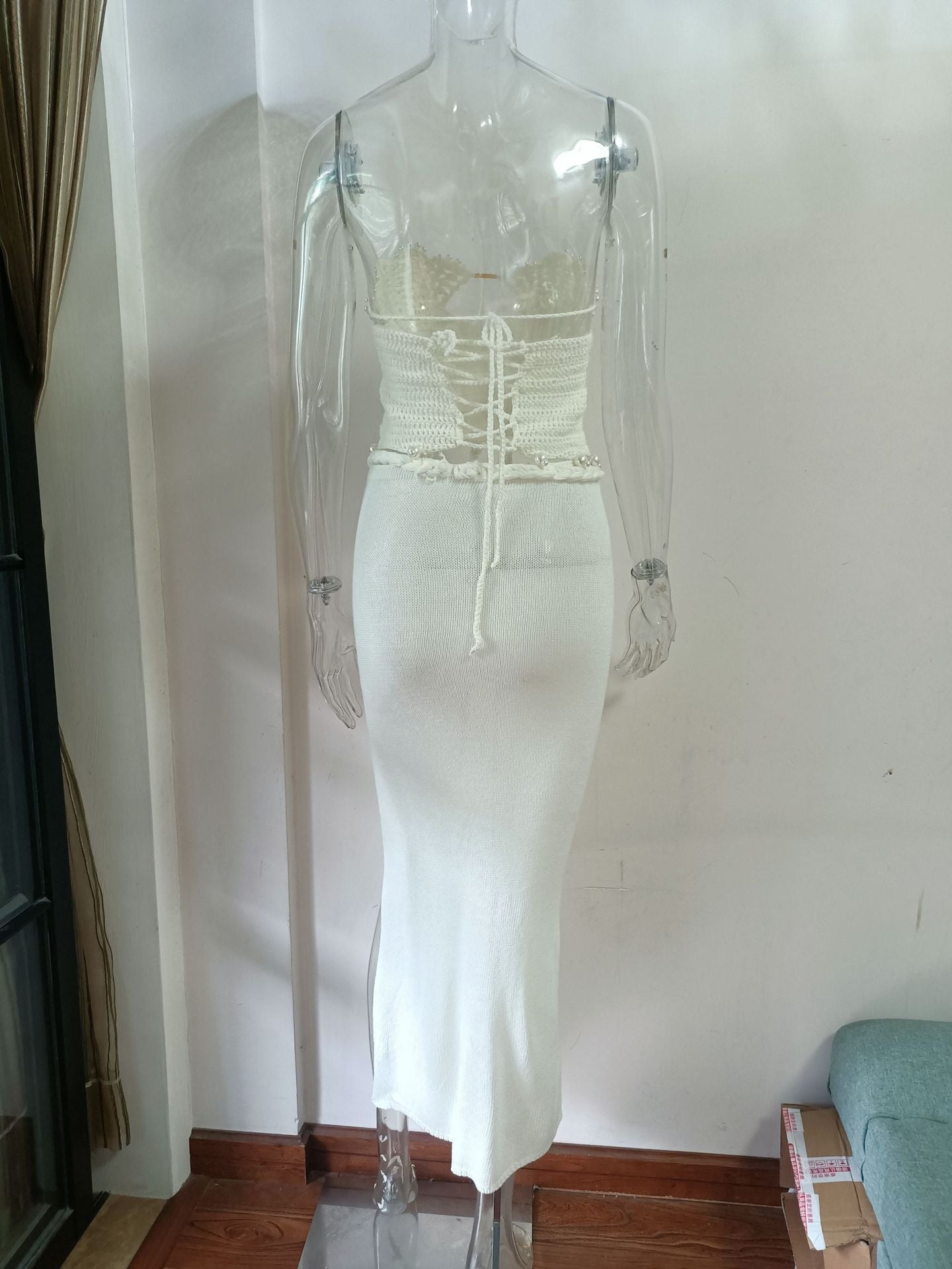 Women summer beaded Strapless Top and Skirt two-piece set 14