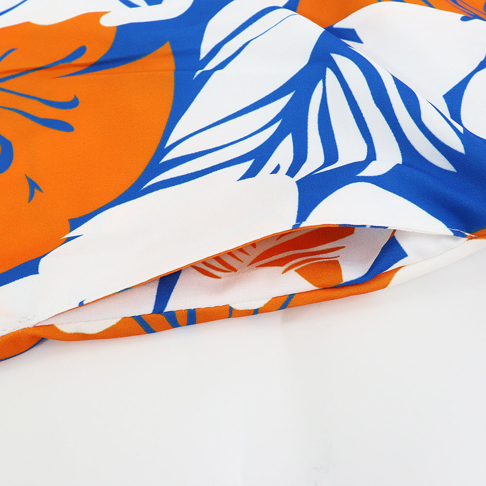 Women's Summer Print Turndown Collar Belt Slim Waist Long Dress 13