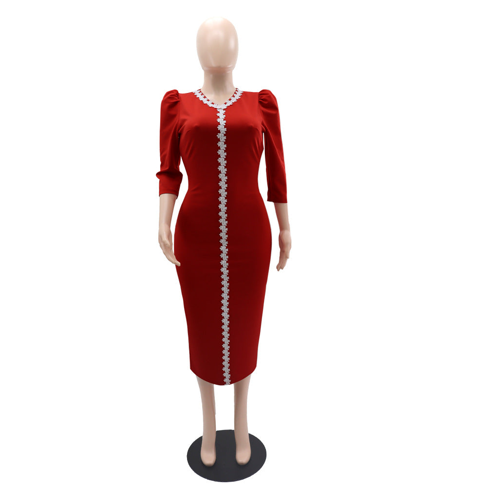 Solid Color V-Neck Women's High Waist Bodycon Pencil Dress 7