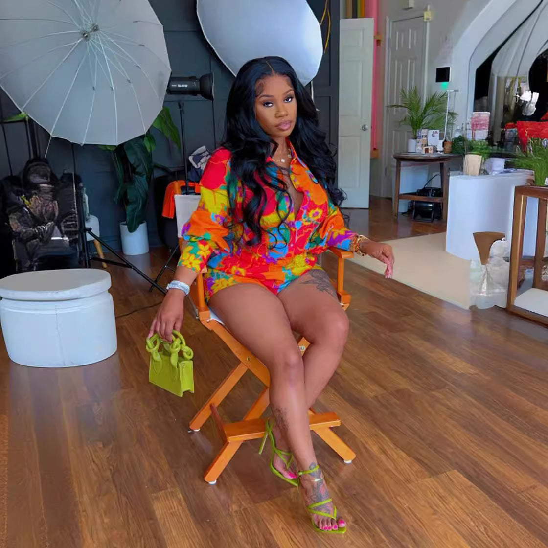 Summer Women Flower Print Long Sleeve Shirt Shorts Two-piece Set 4