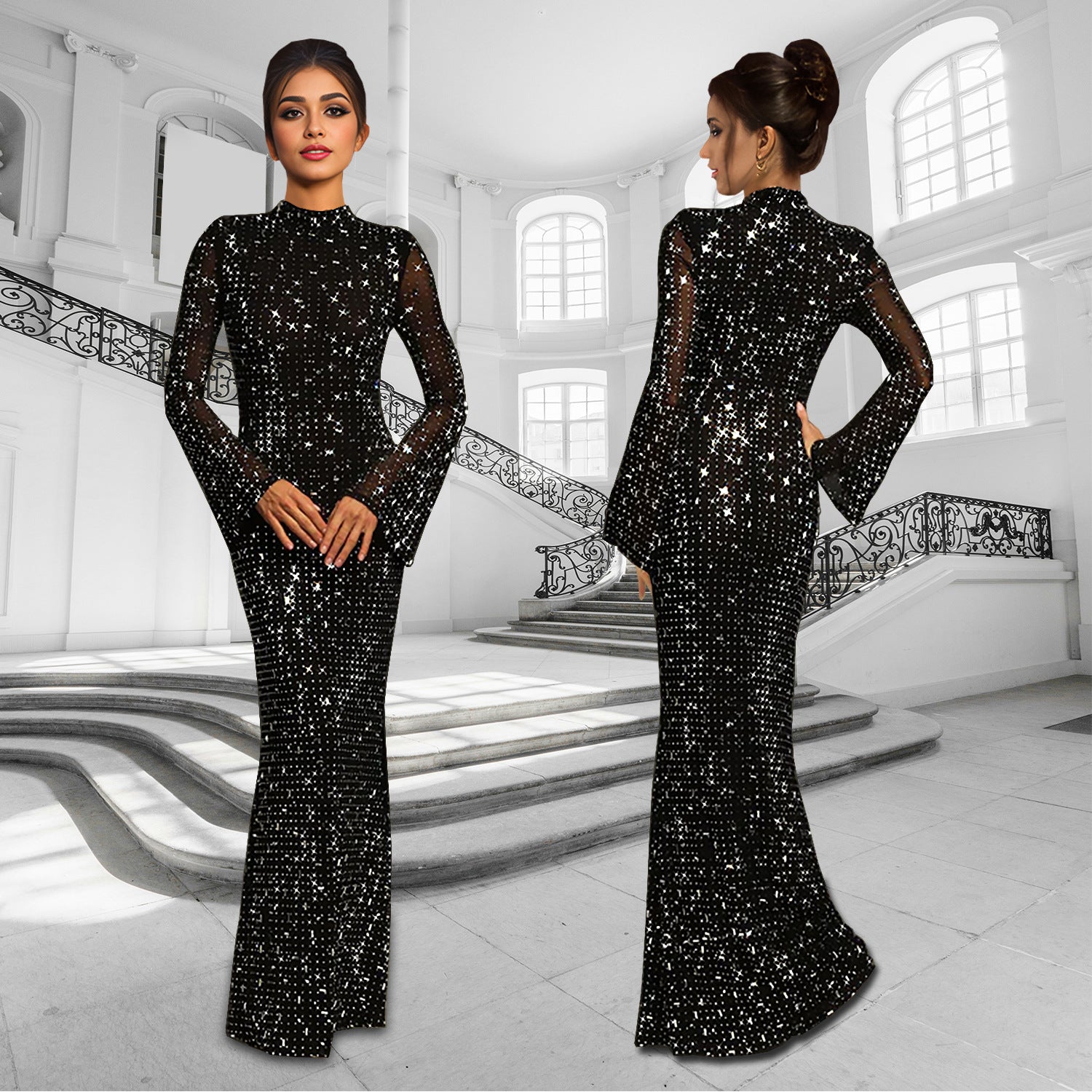 Women sexy long-sleeved beaded dress 3