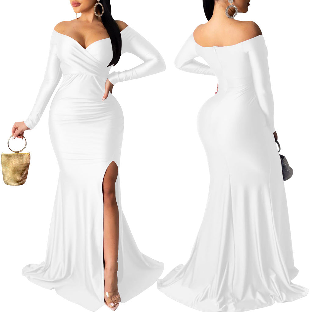 Sexy Fashion Big V-Neck Solid Off Shoulder Slit Evening Dress 12