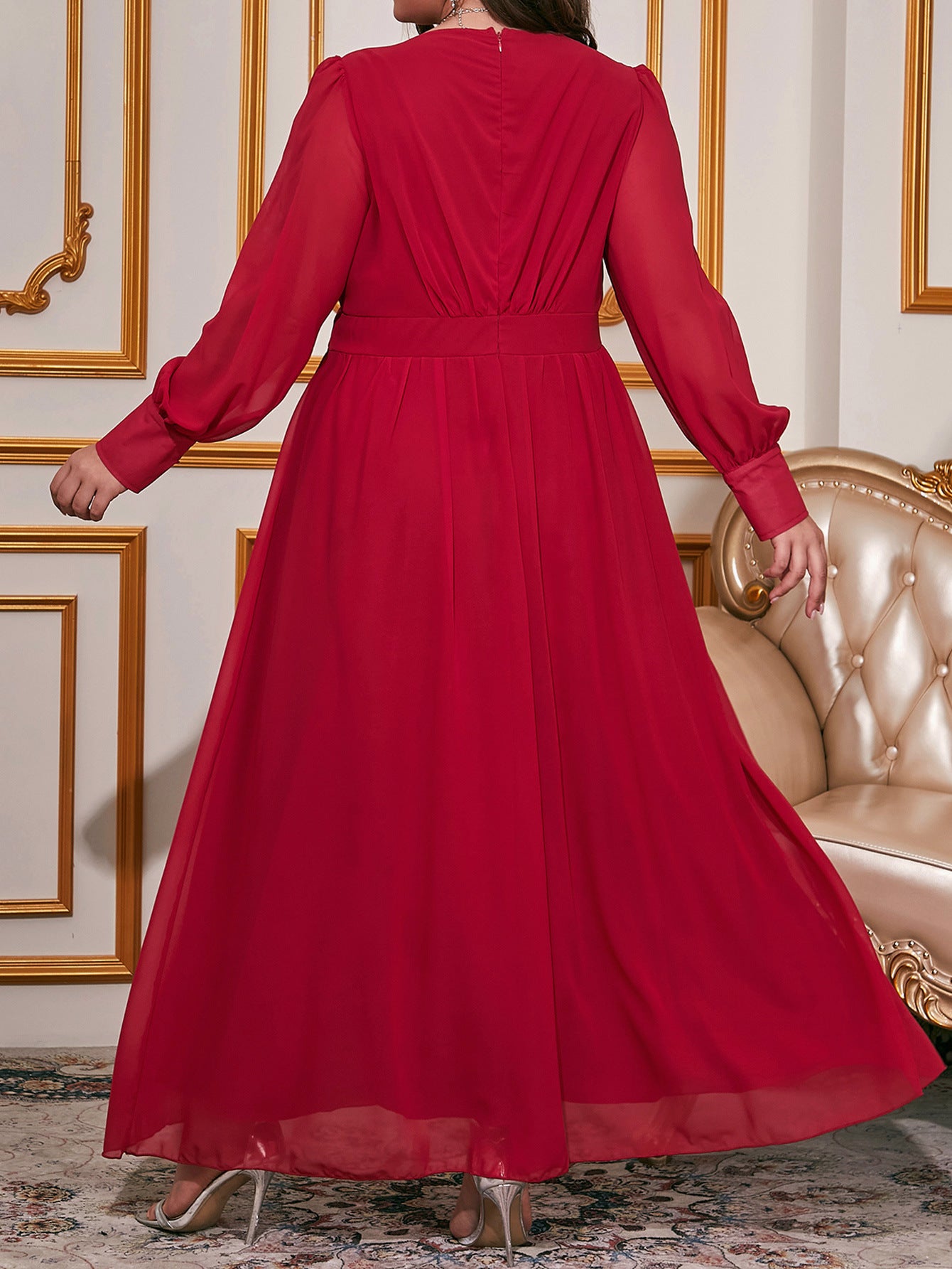 Plus Size Dress Women's V-Neck Long Sleeve Chiffon Maxi Dress 3
