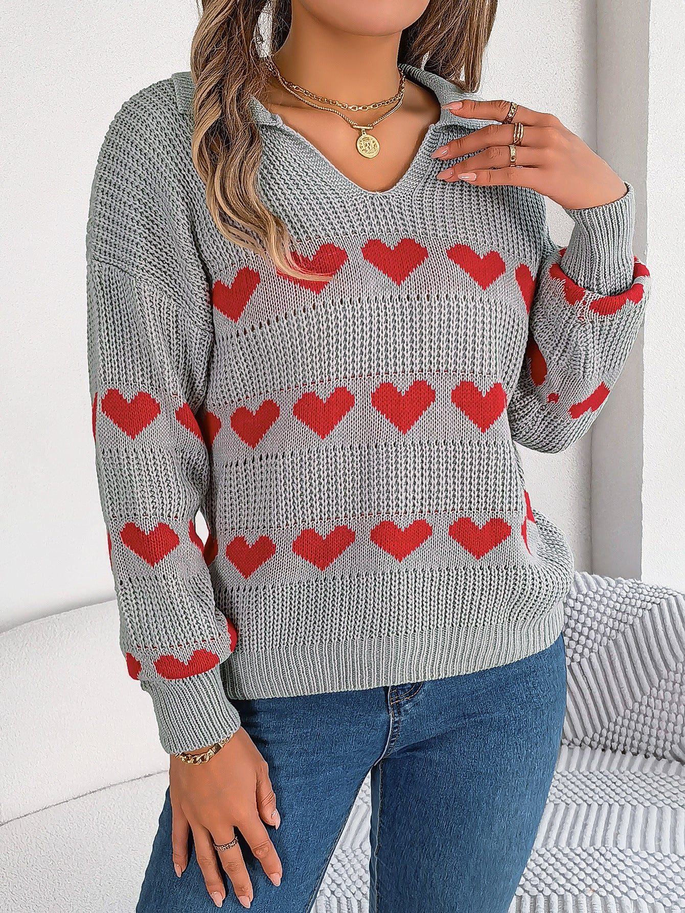 Women Fall/Winter Casual V-neck Balloon Sleeve Heart Print Sweater 4