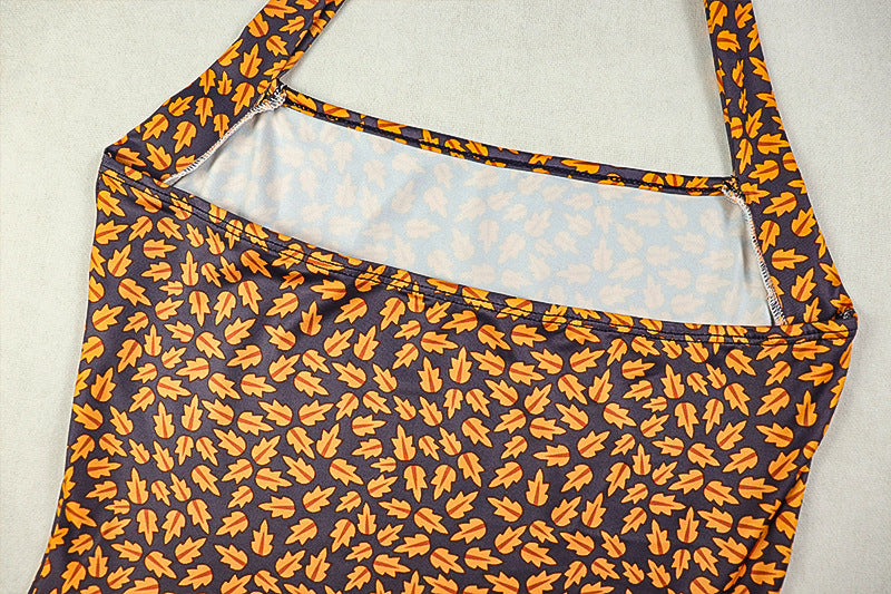 Women Pleated Print Halter Neck Backless Dress 16