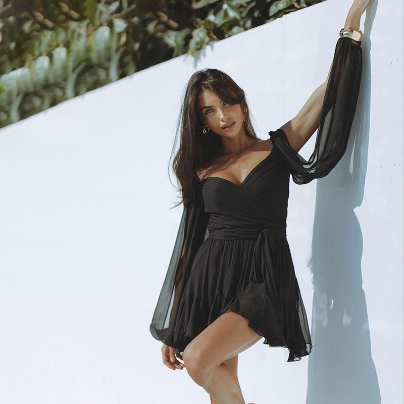 Women Summer Solid Casual Mesh Long Sleeve Lace-Up Backless Mini Dress 8