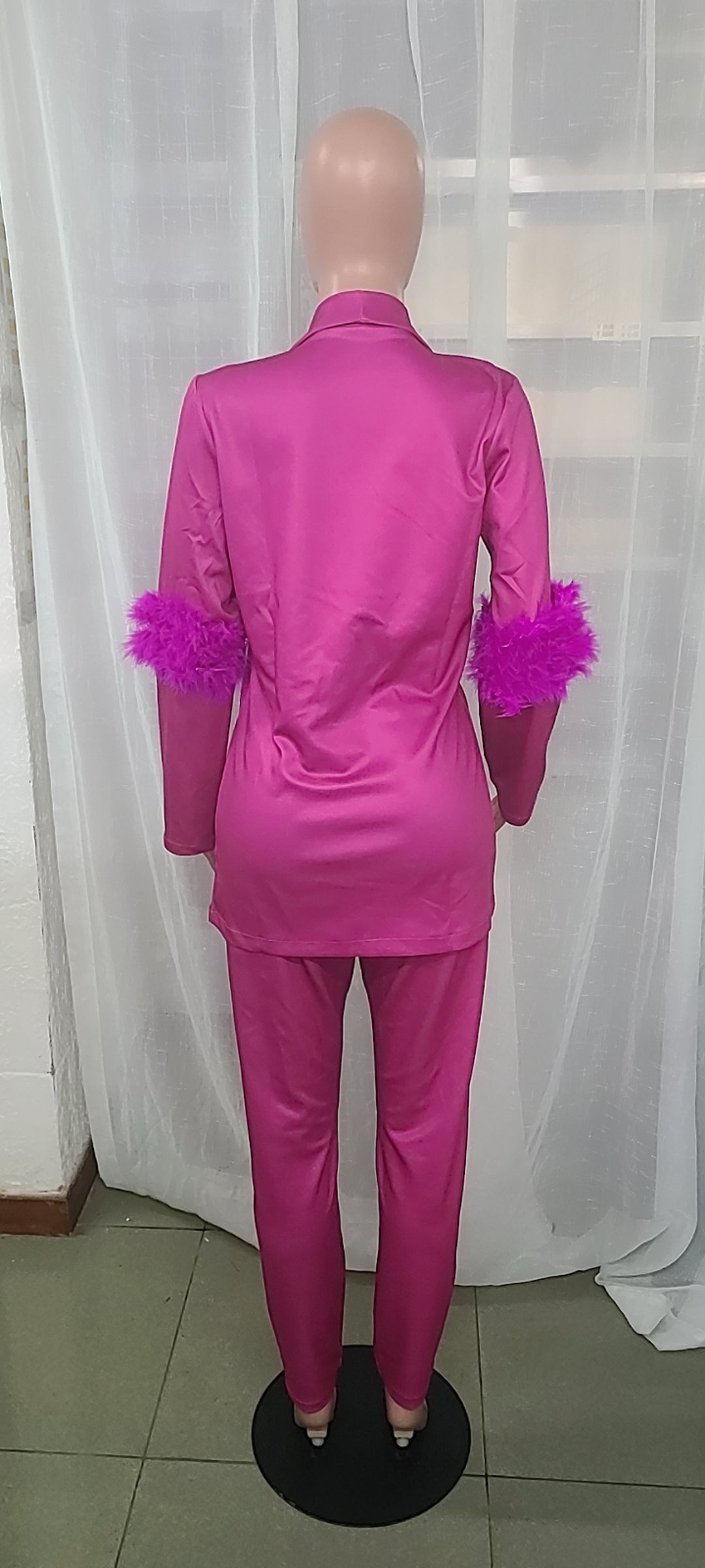 Fall Women Feather Blazer and Pant Two Piece 15