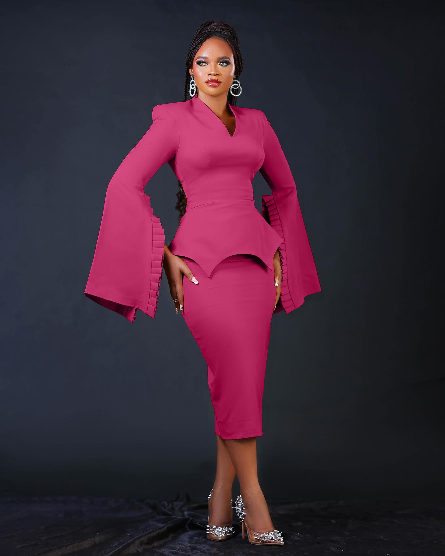 Women Solid Pleated Swing Sleeve V-Neck Dress 4