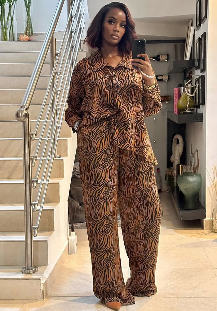 African Zebra Print Long Sleeve Shirt Wide Leg Pants Two Piece Set