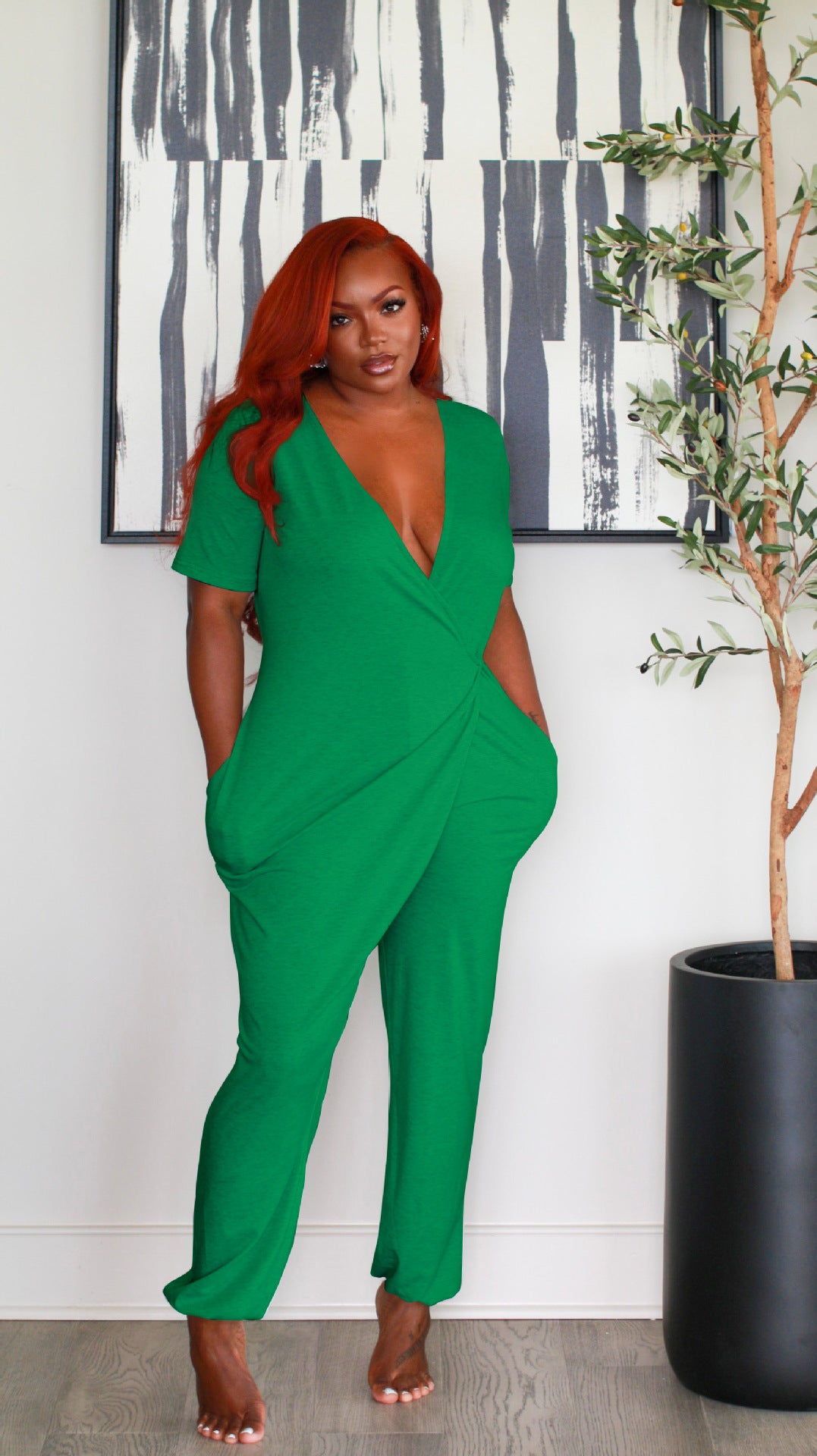 Women Solid V-Neck Short Sleeve Jumpsuit 3