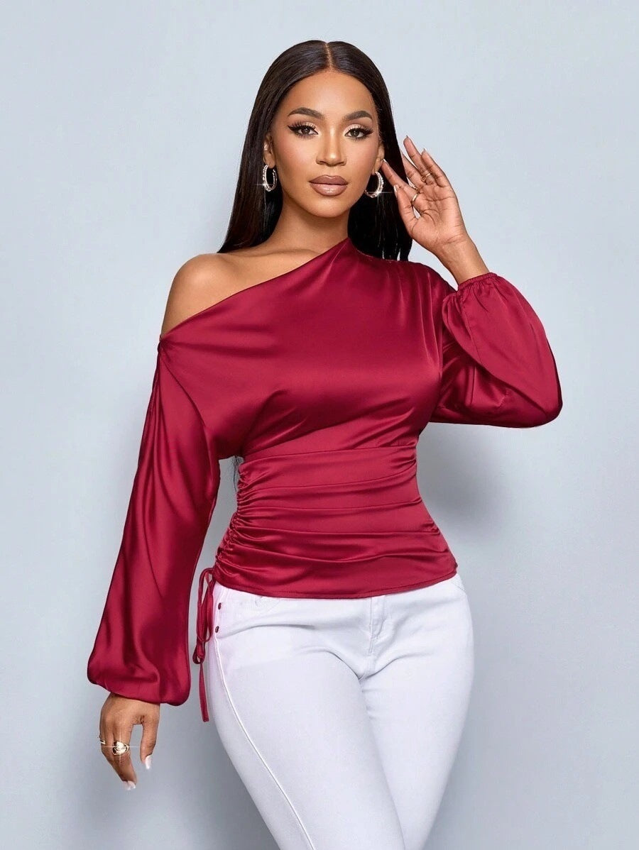 Women's Satin Shirt Asymmetric Slash Shoulder Long-Sleeve Blouse 36