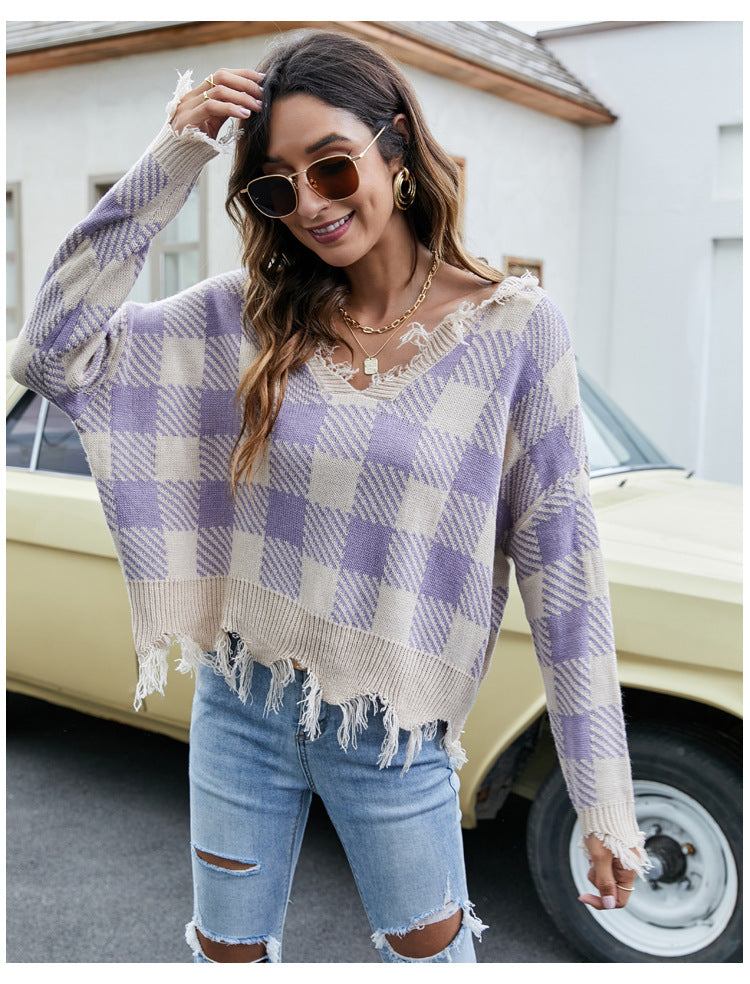 Women Loose V-Neck Tassel Crop Sweater 33