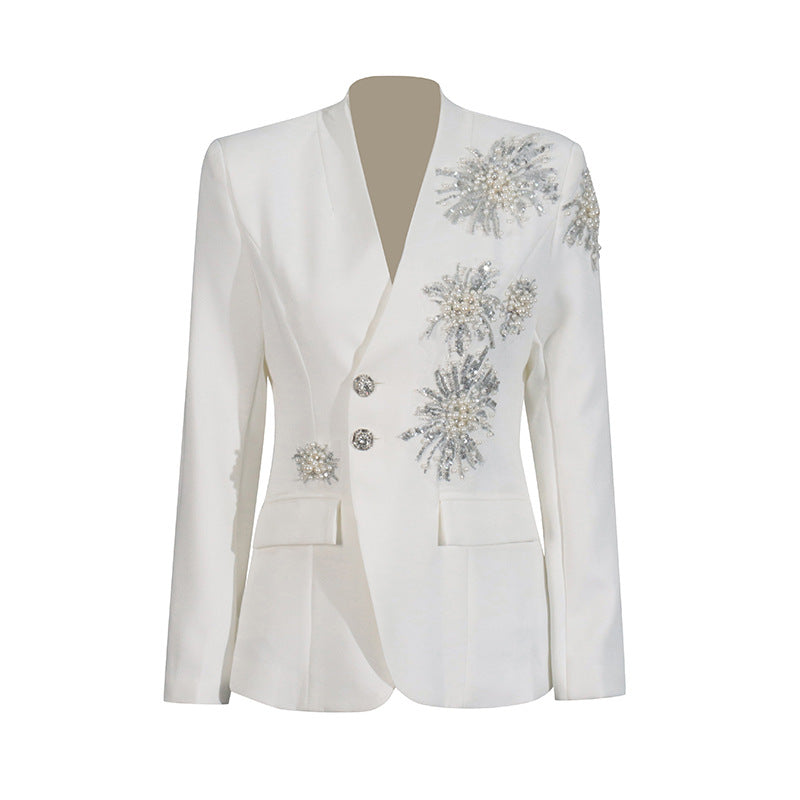 Women rhinestone design Solid Blazer 7