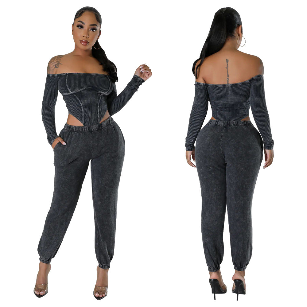 Fashion Women's Off Shoulder Long Sleeve Bodysuit Pants Two Piece Set