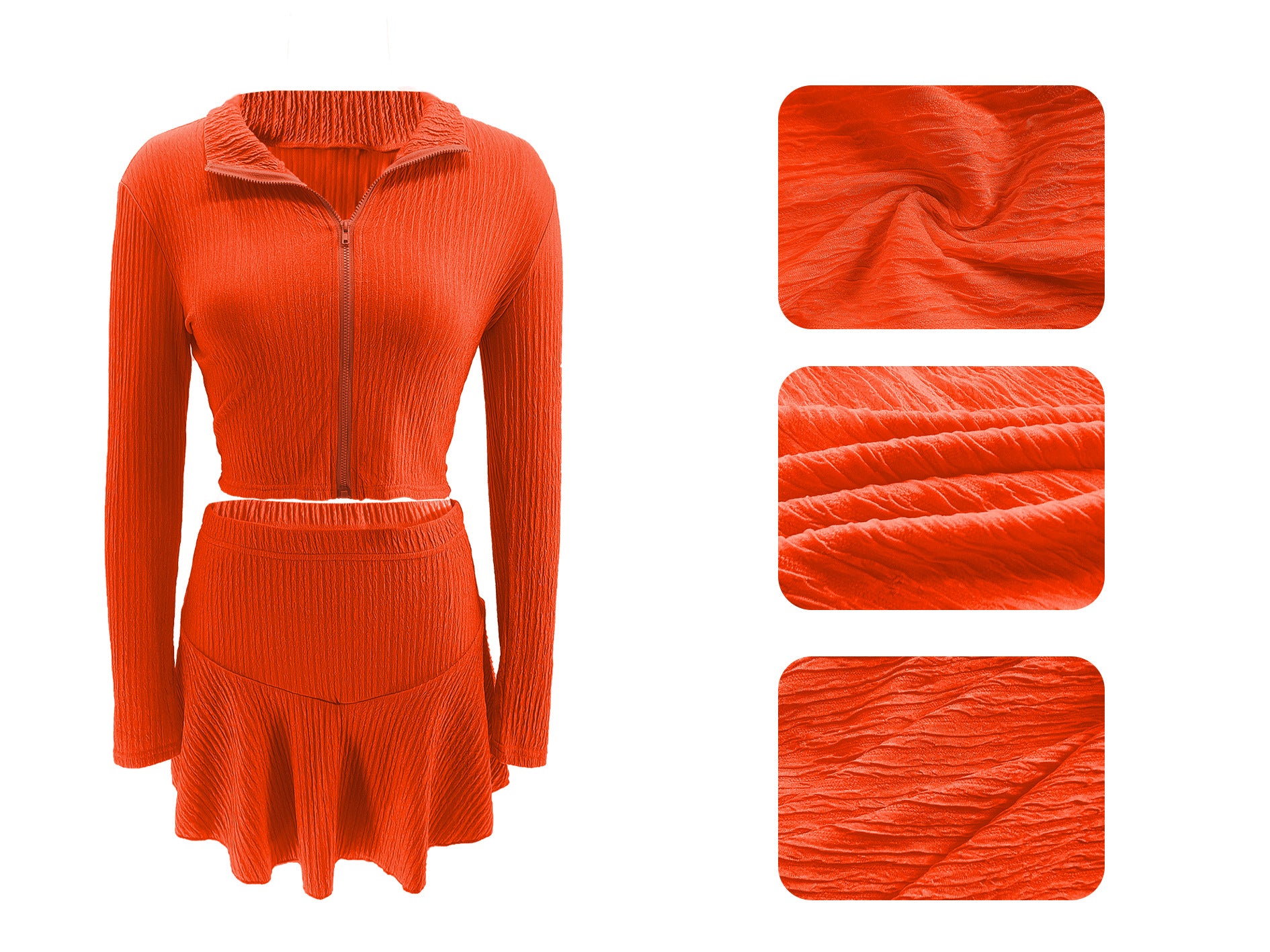 Women Solid Zippered Cropped Top Two-piece set with ruffled skirt 30