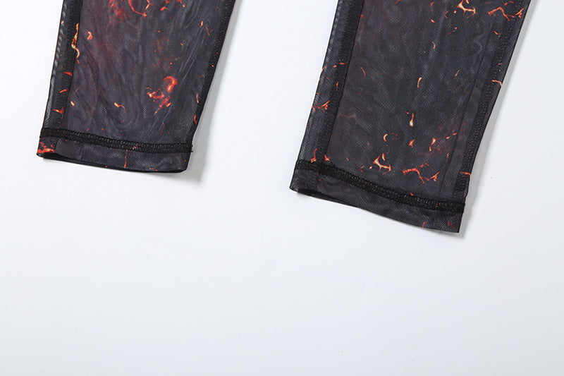 Women Summer Street Trend Mesh See-Through Print Backless Jumpsuit 34