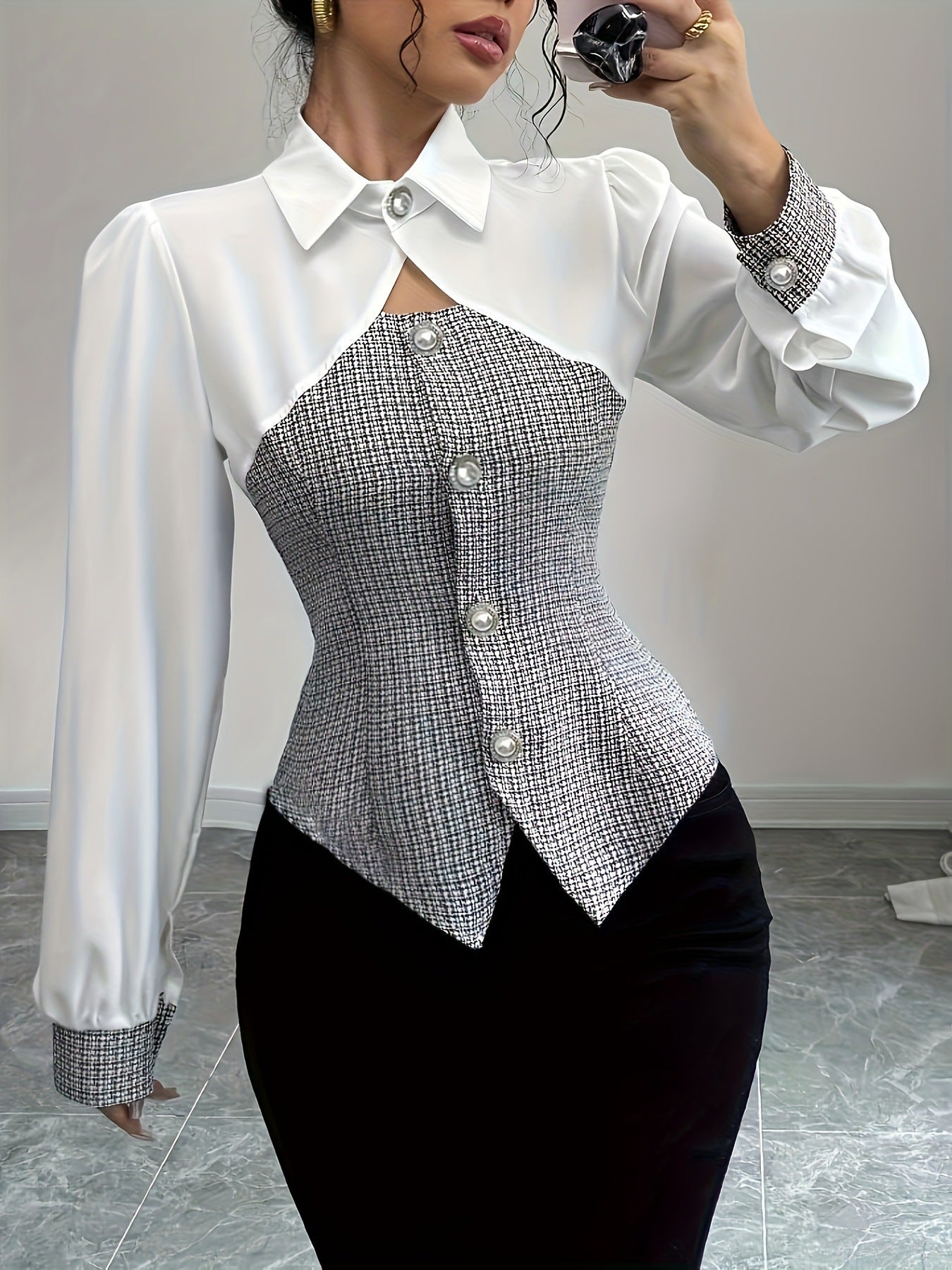 Women Fall/Winter Elegant contrasting long-sleeved turndown collar lining 4