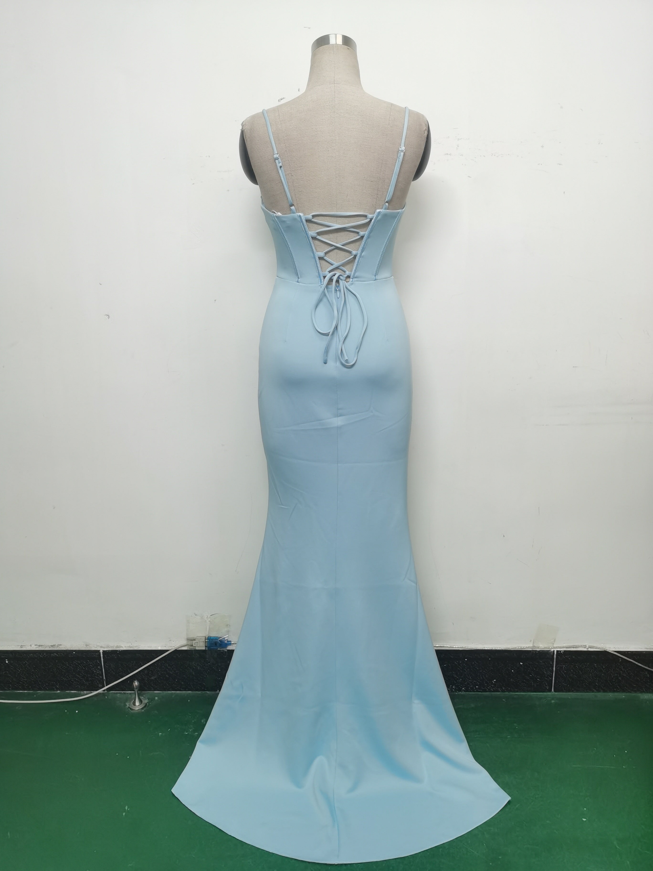 Fishbone Slim Waist Solid Color Satin Evening Dress 27