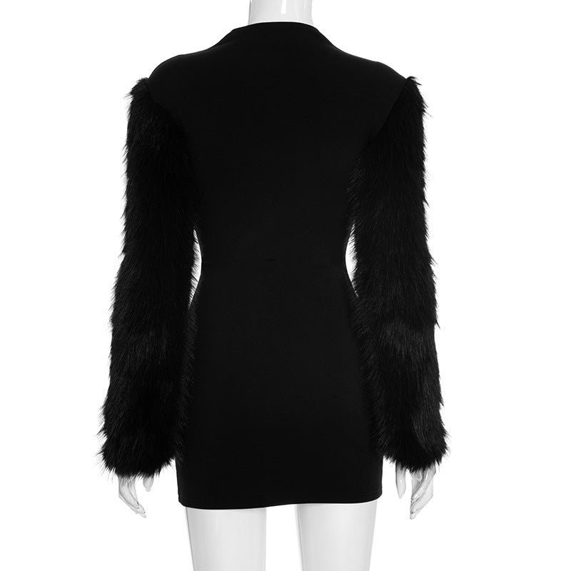 Women Autumn Zipper Neck Long-Sleeved Fur Paneled Sexy Bodycon Dress 4