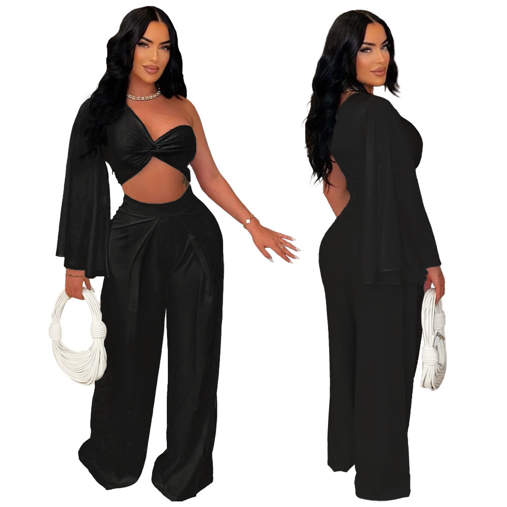 Women Casual Solid One-Shoulder Pleated Top and Pant Two-Piece Set 5