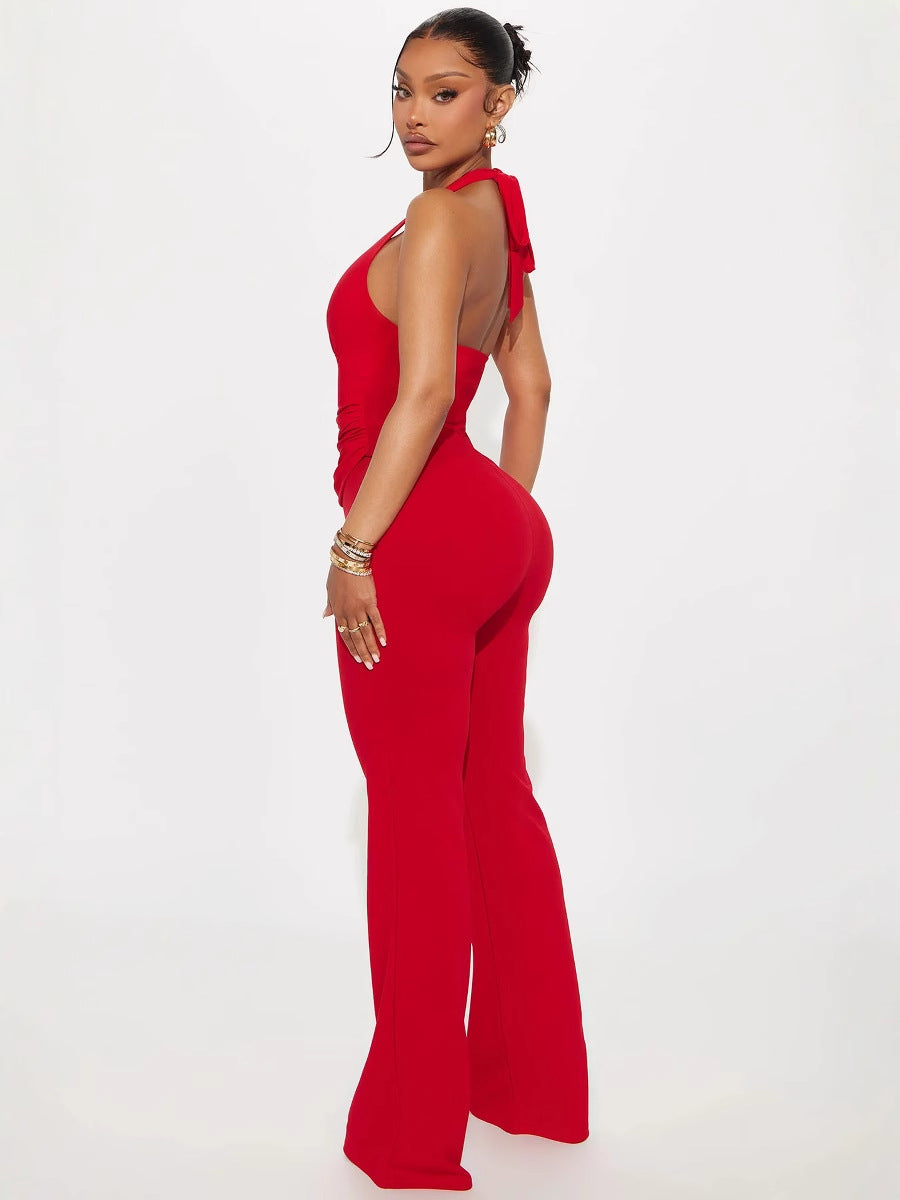 Women Solid Sexy Halter Neck Lace-Up Jumpsuit 3