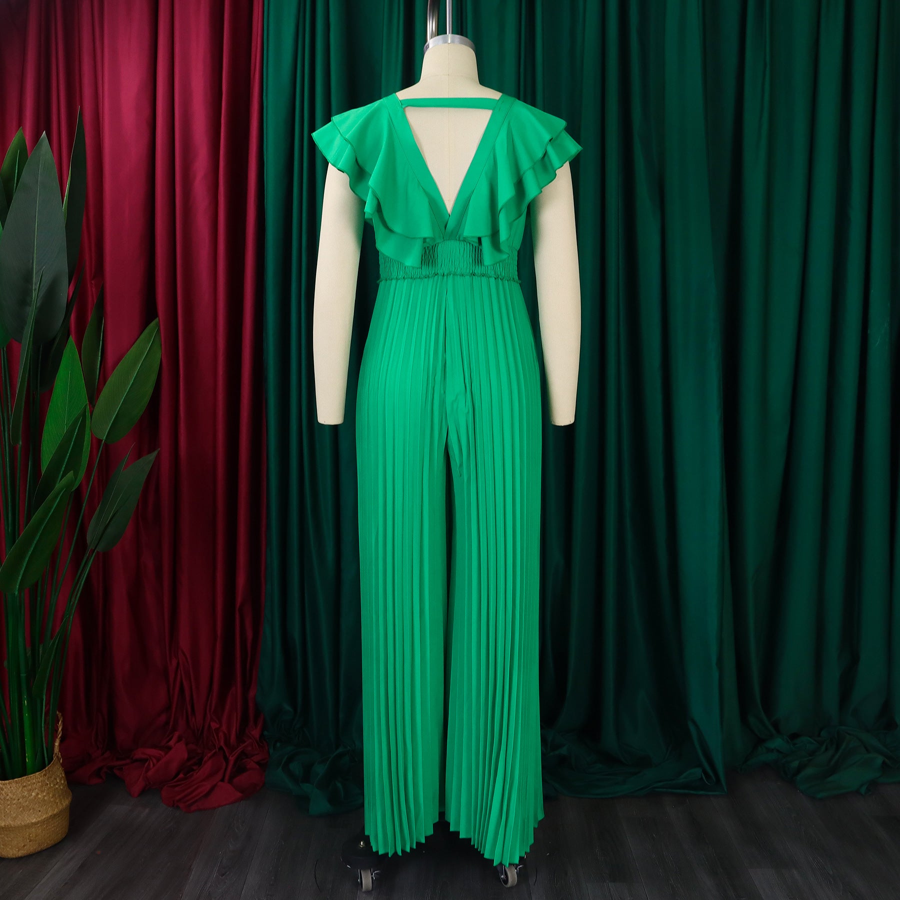 Women's Deep V Neck High Waist Sexy Ruffled Pleat Wide Leg Jumpsuit 15