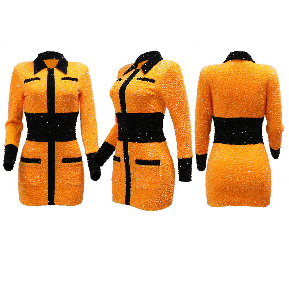 Women Sequined Color Block Party Dress 15