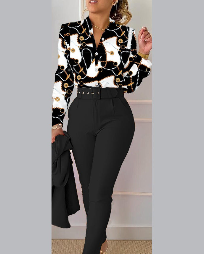 Spring Women's Clothing Long Sleeve Fashion Casual Printed Shirt High Waist Career Pants Set 8