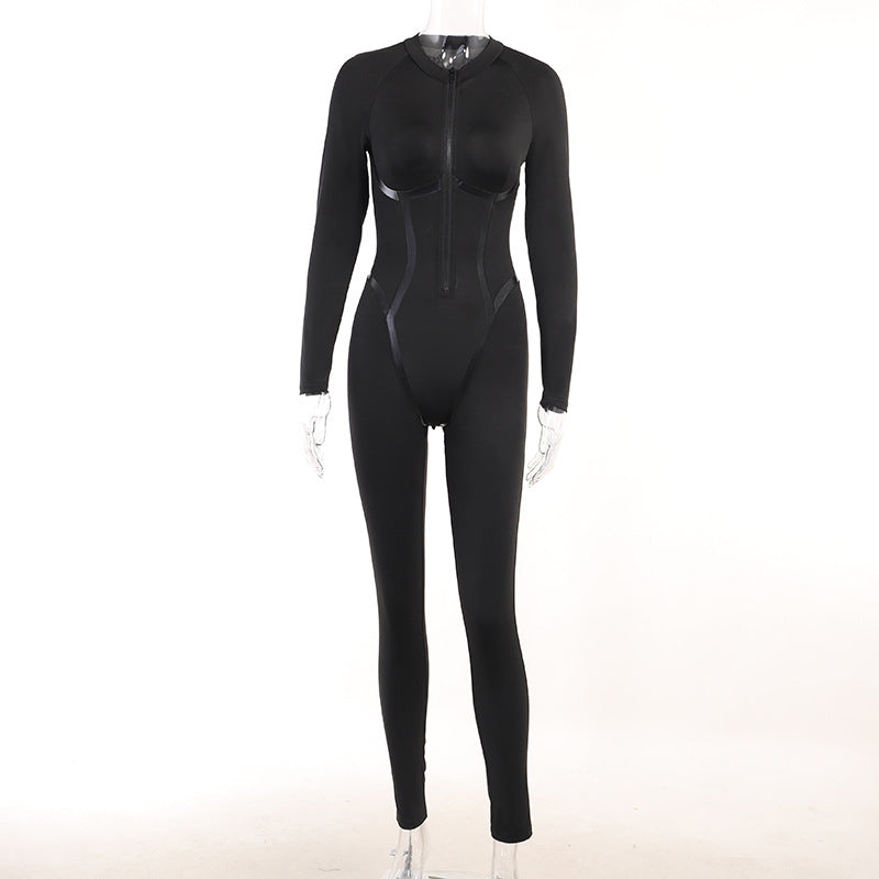 Women Sport Leather Web Long Sleeve Zipper Butt Lift Jumpsuit 6