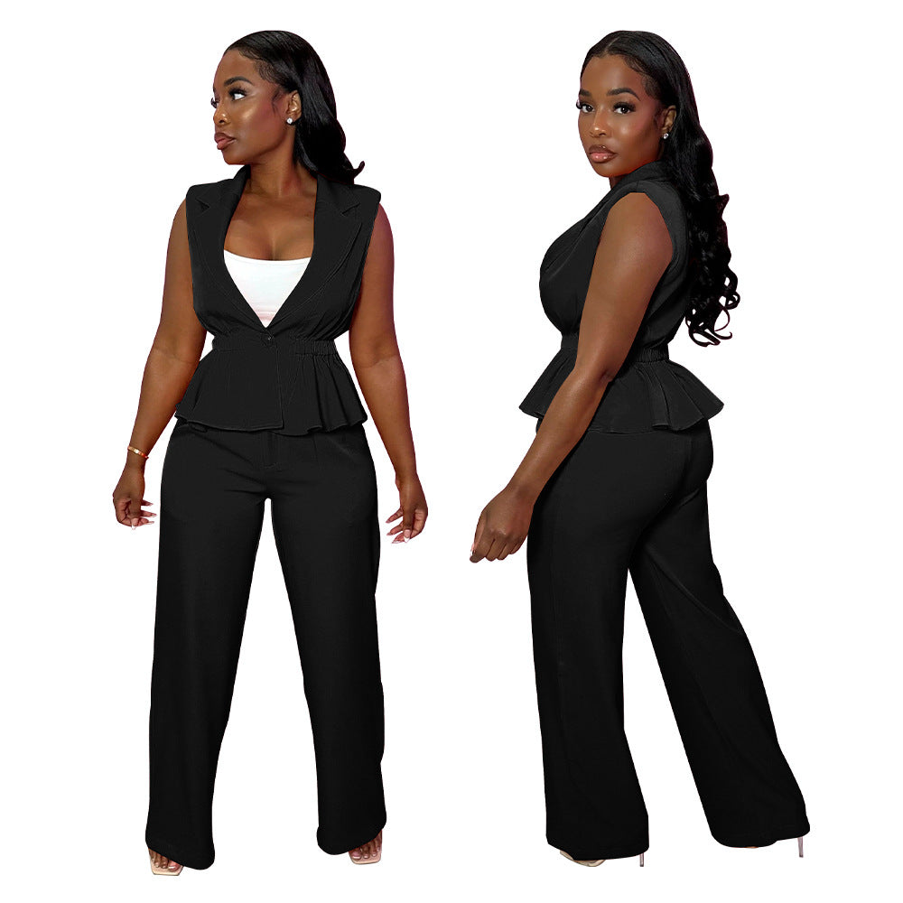Fashion Women's Solid Color Turndown Collar Sleeveless Casual Two Piece Suit 3