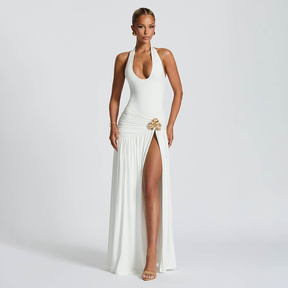 Women Halter Neck sexy slit pleated Backless jumpsuit and skirt two-piece set