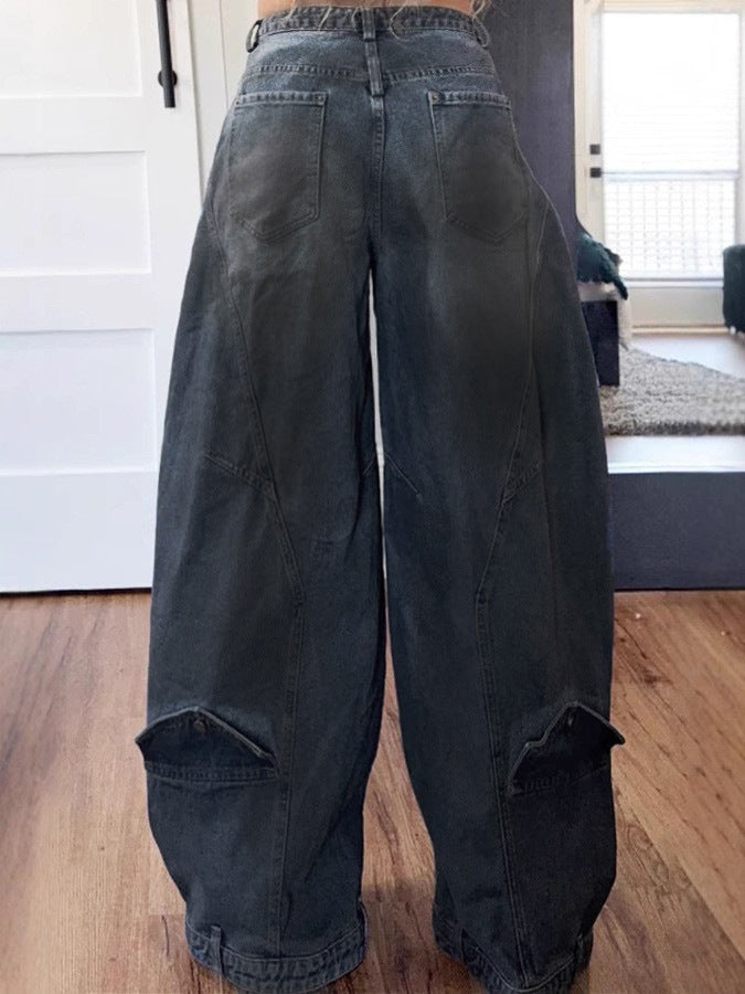 Women Retro Washed Reverse Waist Denim Pants 6