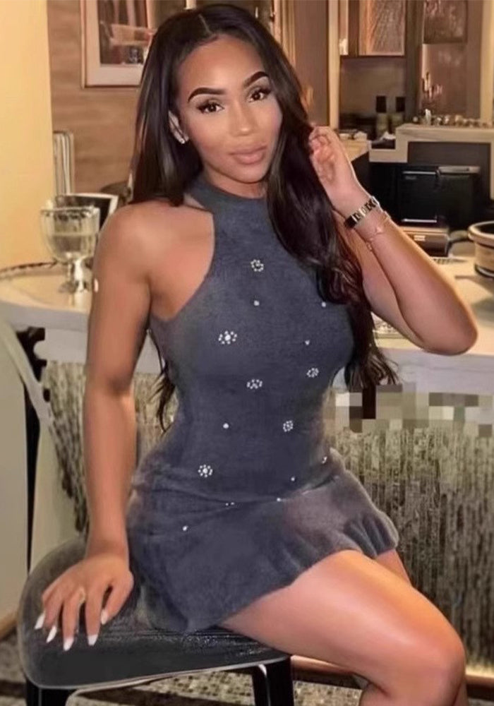 Women beaded Halter Neck sleeveless knitting dress