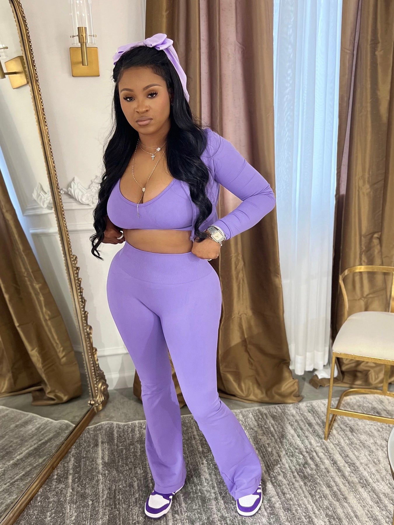 Women's Solid Color Long Sleeve Sexy Open Waist Casual Sports Three-Piece Pants Set 14