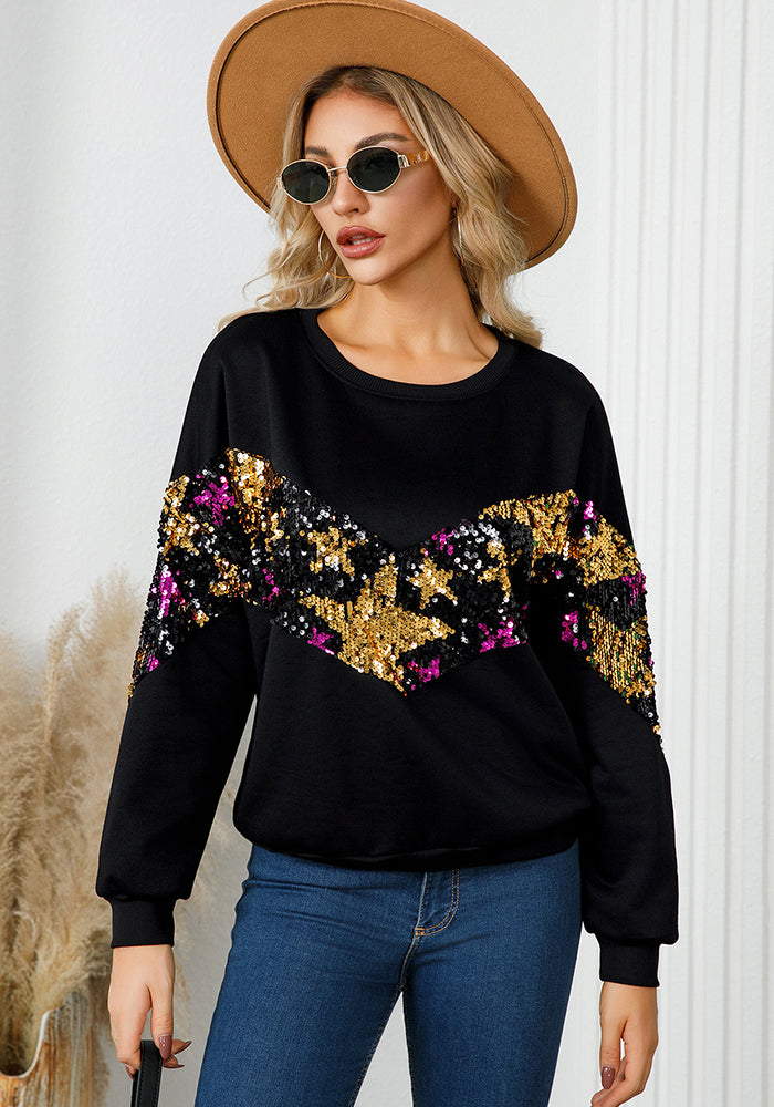 Women Casual Star Sequins Decorated Round Neck long sleeve top