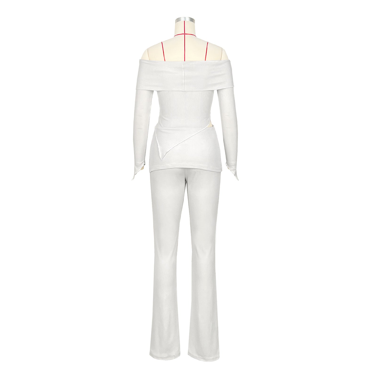 Women Irregular Off Shoulder Turndown Collar Top and Bell Bottom Pants Two-piece Set 15