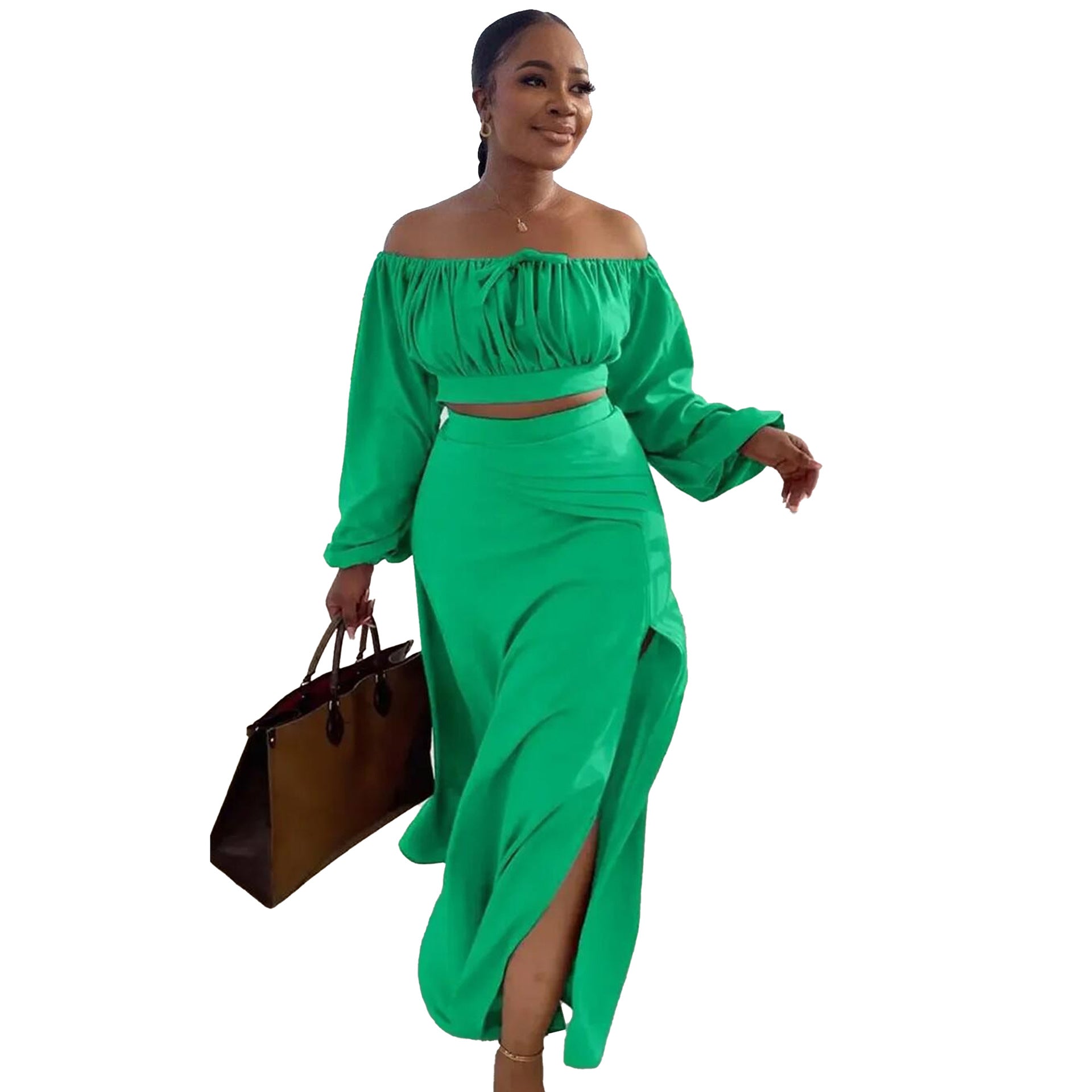 Plus Size Women Sexy Off Shoulder Balloon Sleeve Top and Skirt Two-Piece Set 12